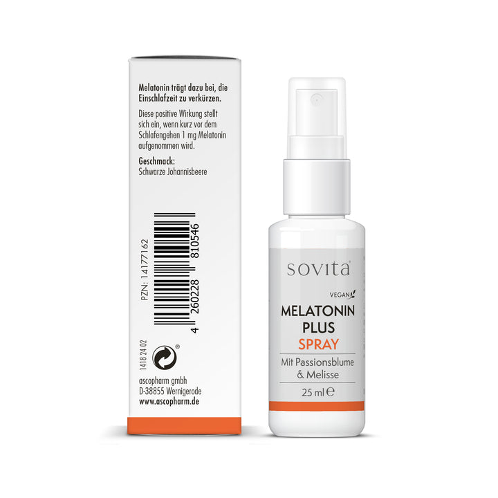 sovita Melatonin Plus Spray mit Rückseite der Faltschachtel mit PZN, Barcode und Hinweis zur Einschlafzeitverkürzung