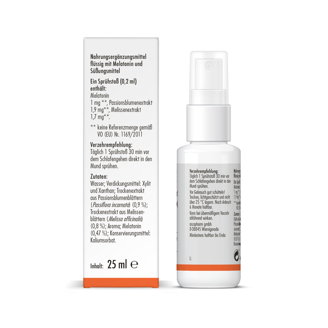 sovita Melatonin Plus Spray mit Faltschachtel-Rückseite, Zutatenliste und Anwendungshinweis