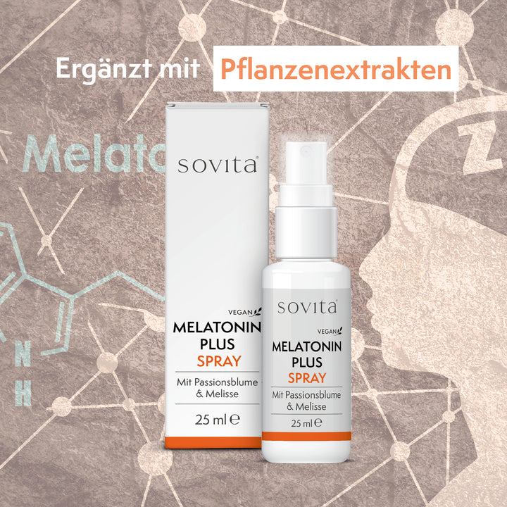 sovita Melatonin Plus Spray mit grafischem Hintergrund und Hinweis „ergänzt mit Pflanzenextrakten“