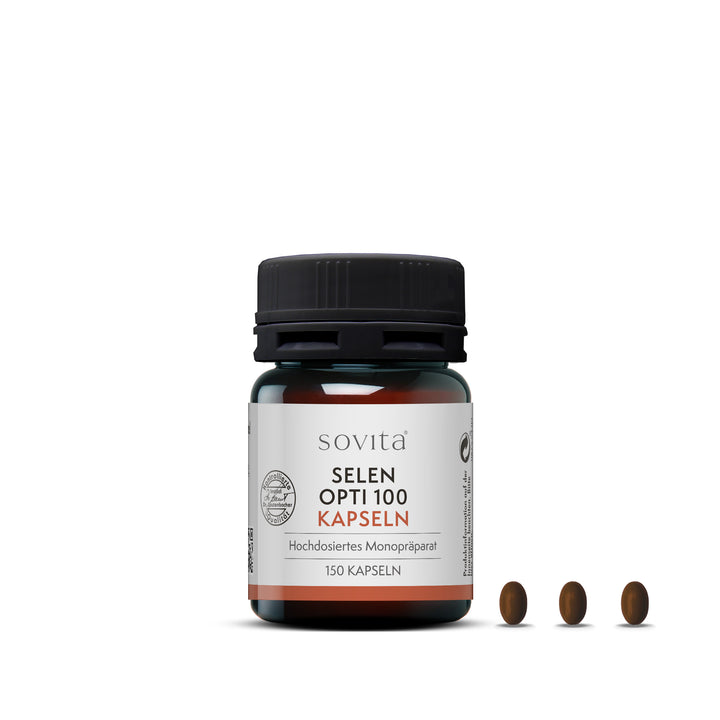 Braunglasdose sovita Selen Opti 100 Kapseln mit drei braunen Kapseln auf weißem Hintergrund