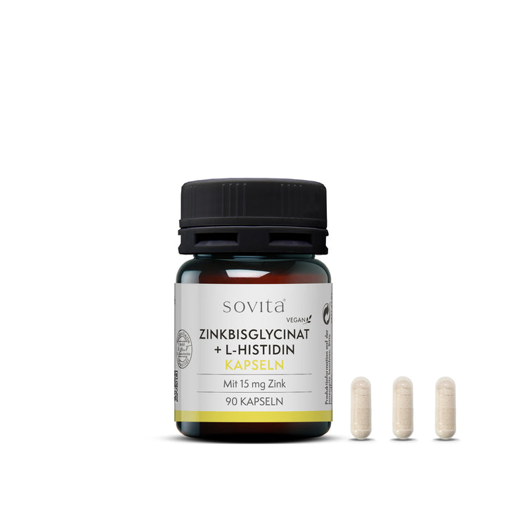 Frontalansicht der Dose mit drei hellen veganen Kapseln im Vordergrund – 90 Kapseln pro Dose.