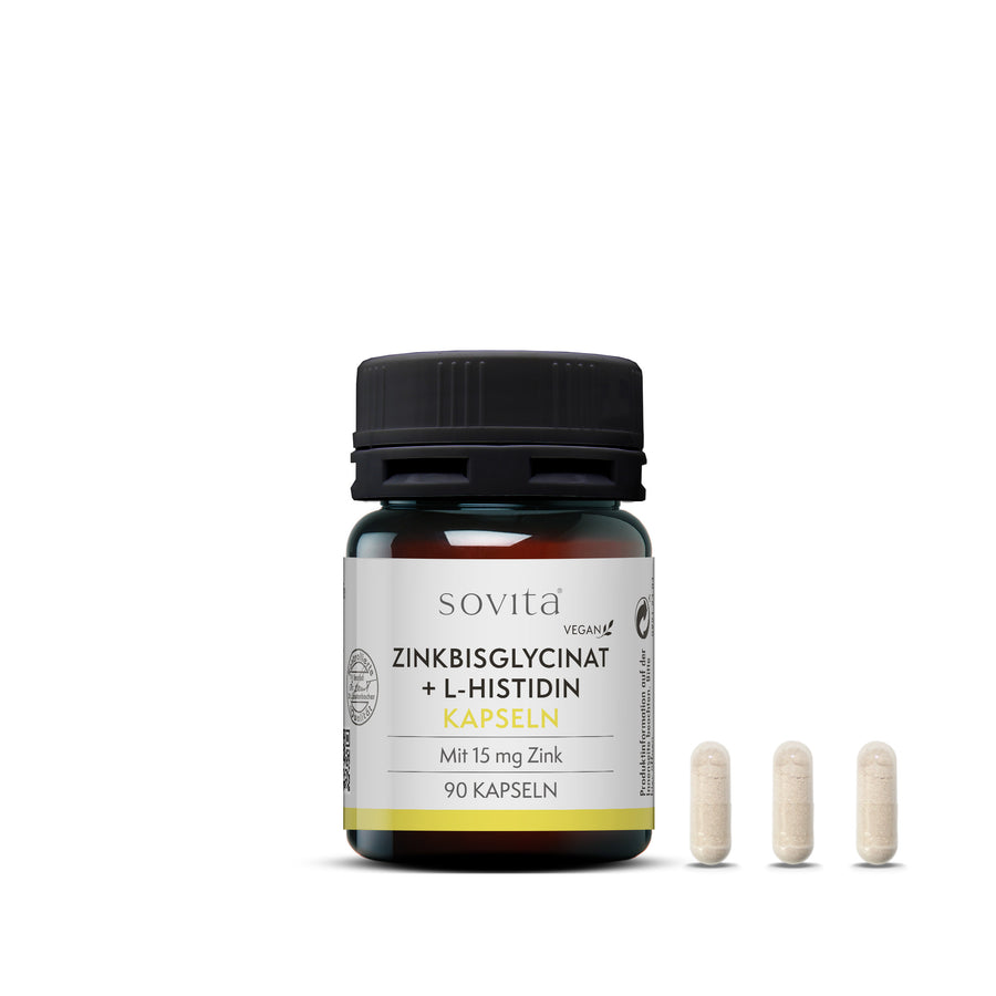 Frontalansicht der Dose mit drei hellen veganen Kapseln im Vordergrund – 90 Kapseln pro Dose.