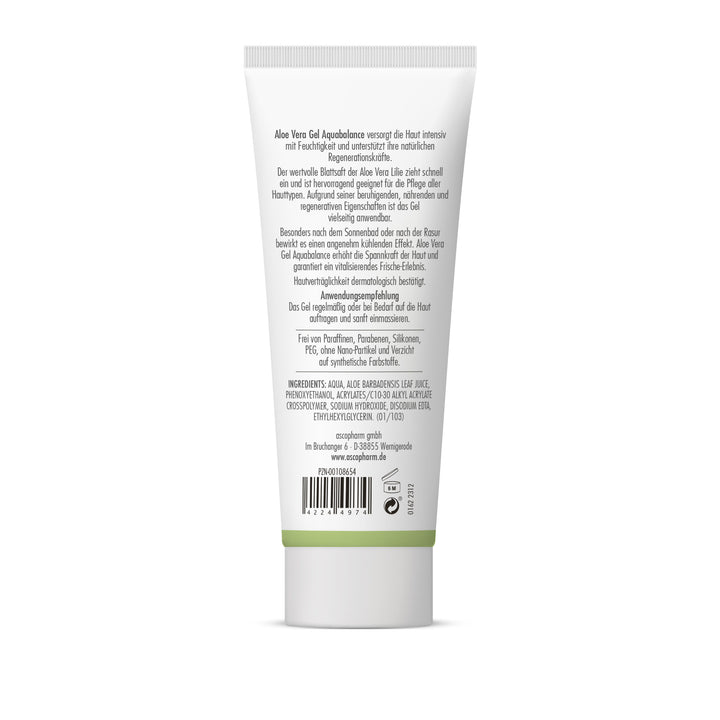 Rückseite der Sovita Aloe Vera Gel Tube mit Beschreibung, Inhaltsstoffen und Anwendungshinweis