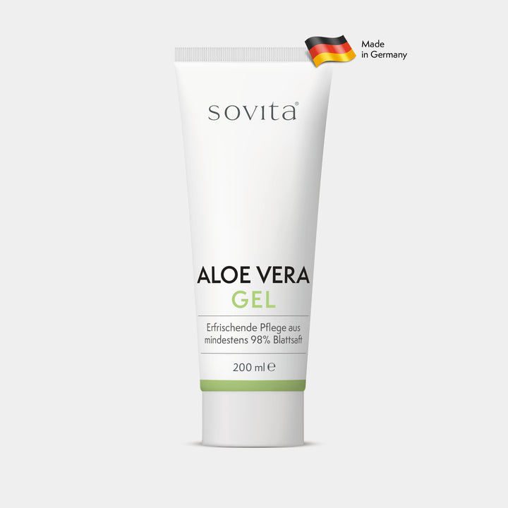 Sovita Aloe Vera Gel Tube mit 200 ml Inhalt auf weißem Hintergrund, deutsches Flaggen-Siegel oben rechts