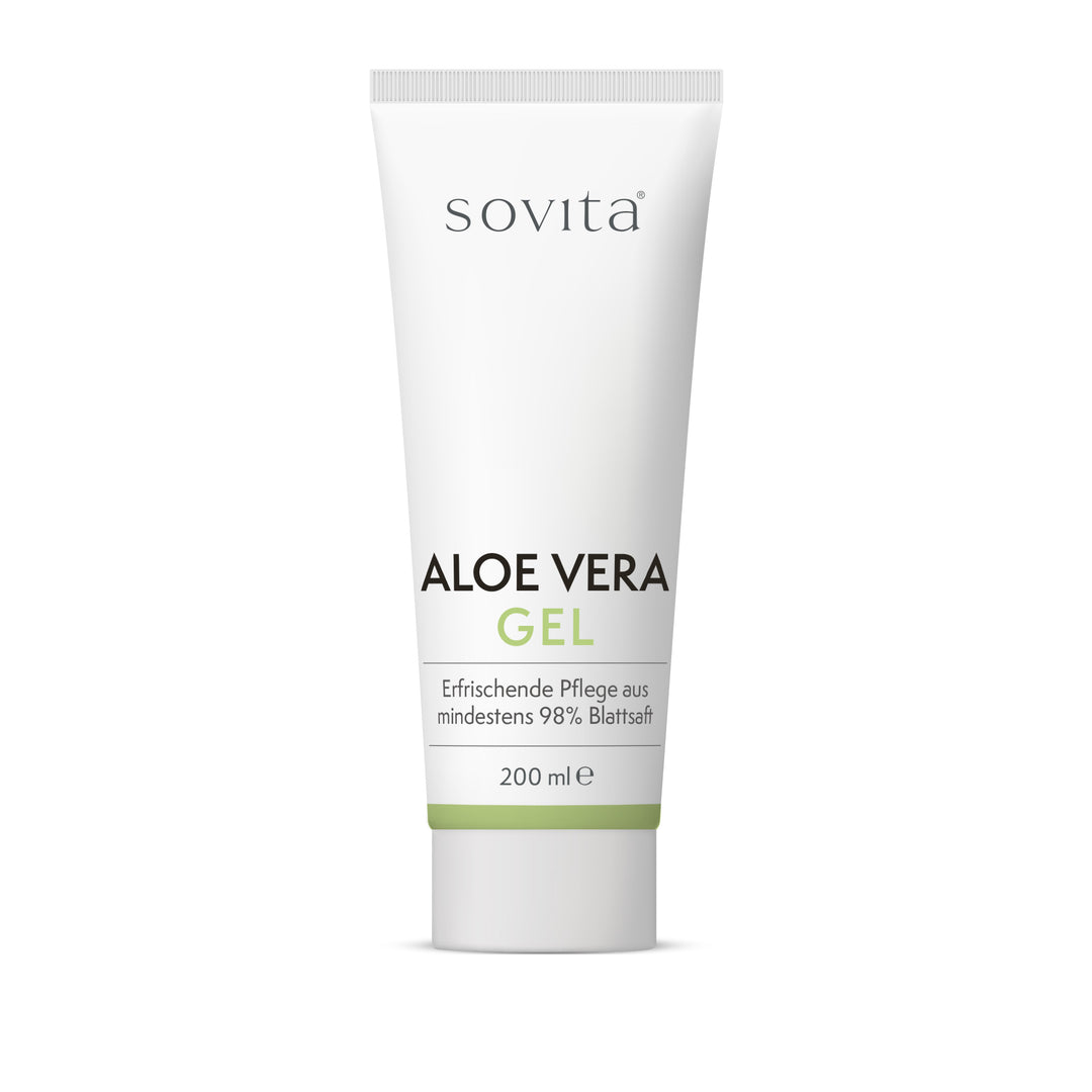 Sovita Aloe Vera Gel Tube mit Aufschrift „Erfrischende Pflege aus mindestens 98 % Blattsaft“, 200 ml