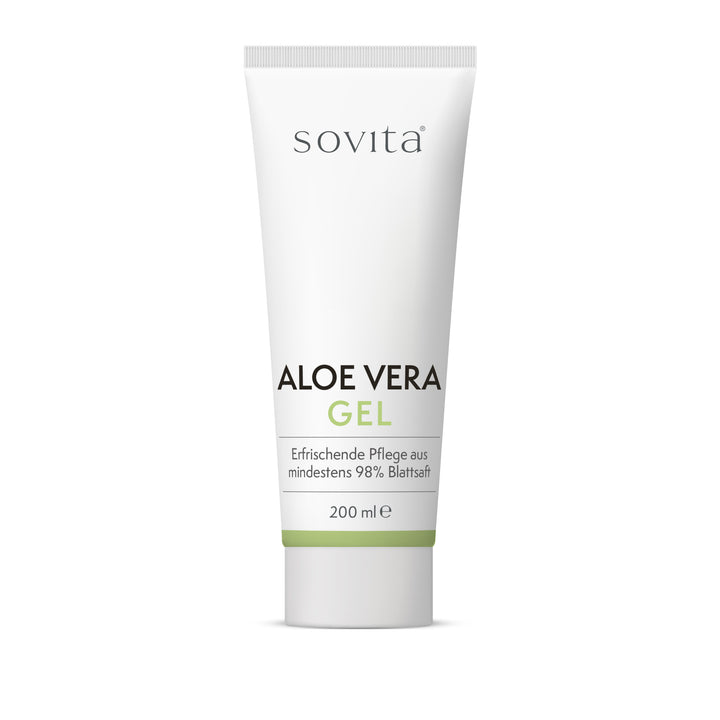 Sovita Aloe Vera Gel Tube mit Aufschrift „Erfrischende Pflege aus mindestens 98 % Blattsaft“, 200 ml
