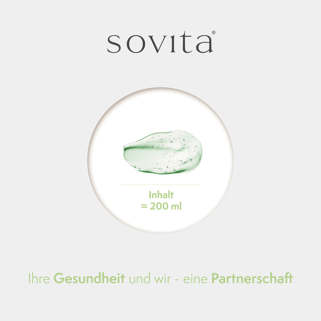 Geltextur von Sovita Aloe Vera Gel mit Mengenangabe „Inhalt = 200 ml“ in grünem Kreisdesign