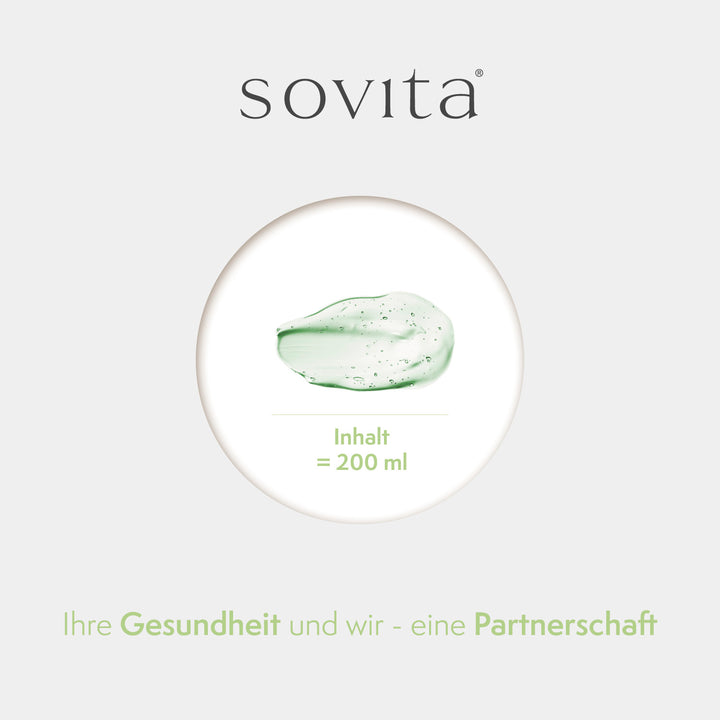 Geltextur von Sovita Aloe Vera Gel mit Mengenangabe „Inhalt = 200 ml“ in grünem Kreisdesign