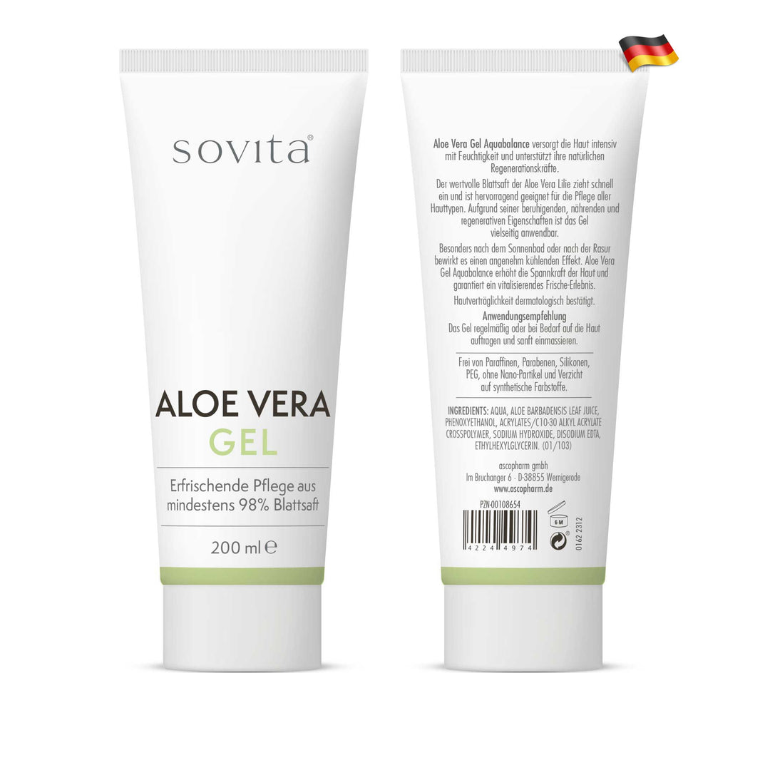Vorder- und Rückseite der Sovita Aloe Vera Gel Tube nebeneinander, beide mit 200 ml Inhalt