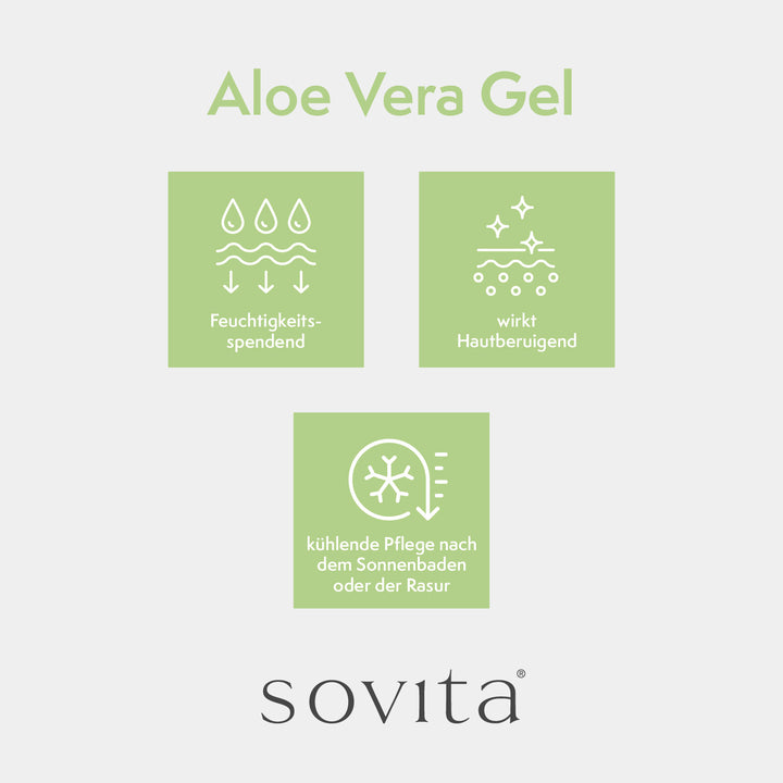 Infografik mit Vorteilen von Sovita Aloe Vera Gel: feuchtigkeitsspendend, hautberuhigend, kühlende Pflege