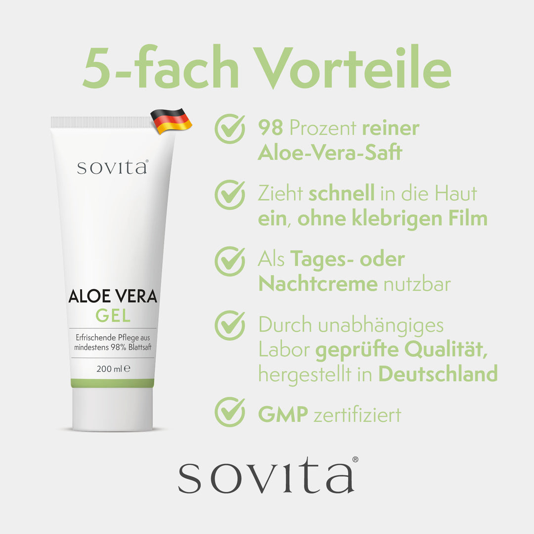 Vorteile des Sovita Aloe Vera Gels mit deutscher Flagge: hoher Aloe-Vera-Anteil, zieht schnell ein, vielseitig einsetzbar, geprüfte Qualität, GMP zertifiziert