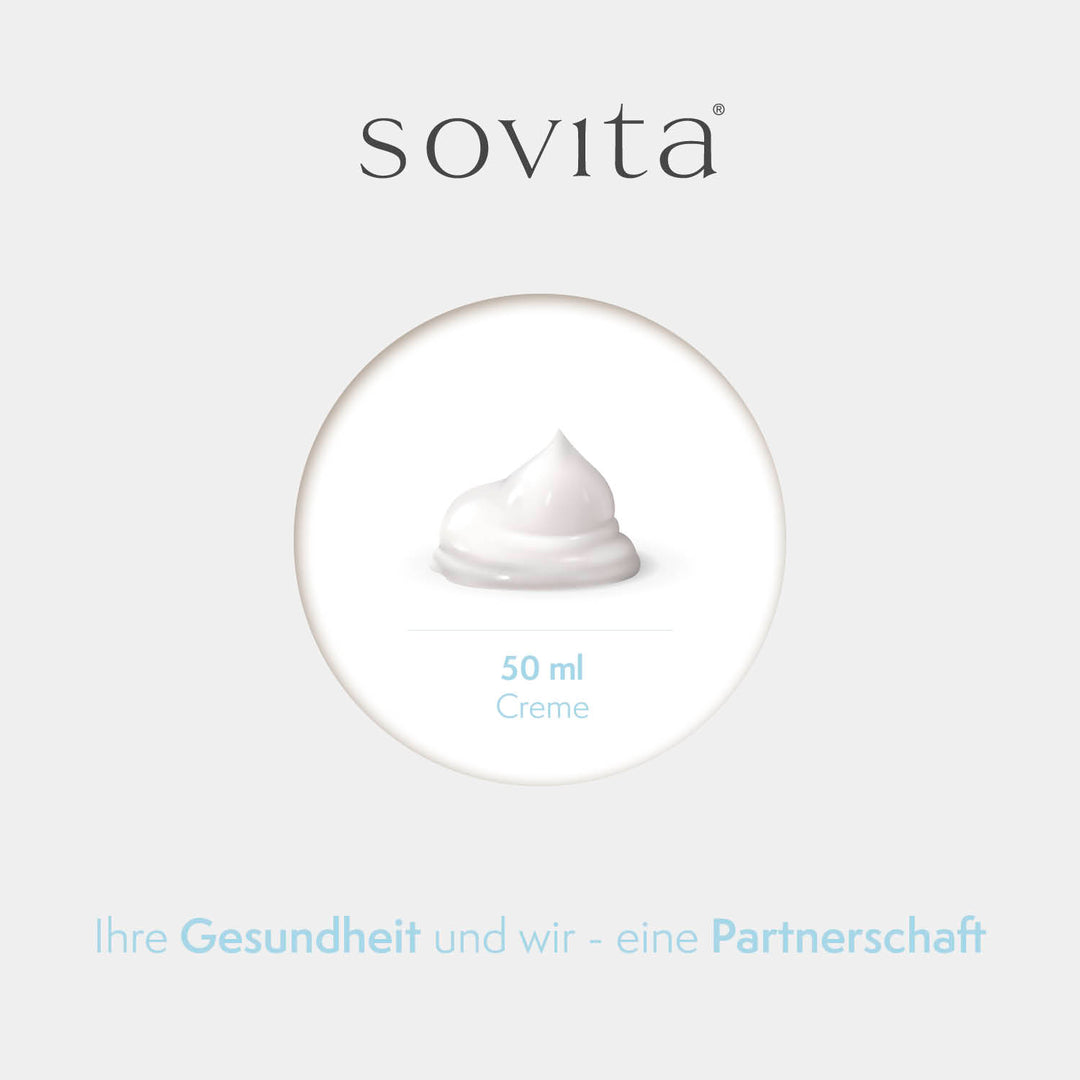 Darstellung einer weißen Cremeportion mit Hinweis „50 ml Creme“ und dem sovita Logo – Slogan: „Ihre Gesundheit und wir – eine Partnerschaft“.