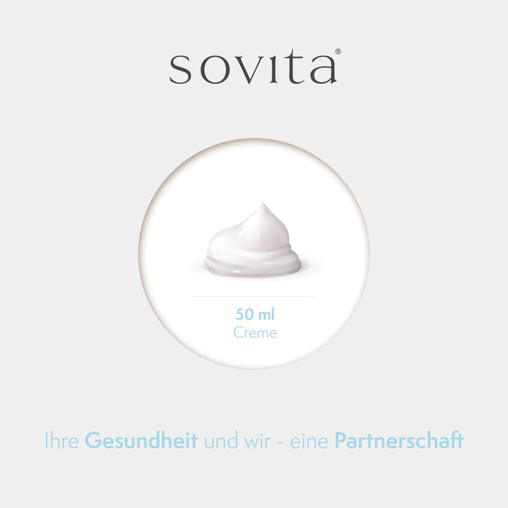 Darstellung einer weißen Cremeportion mit Hinweis „50 ml Creme“ und dem sovita Logo – Slogan: „Ihre Gesundheit und wir – eine Partnerschaft“.