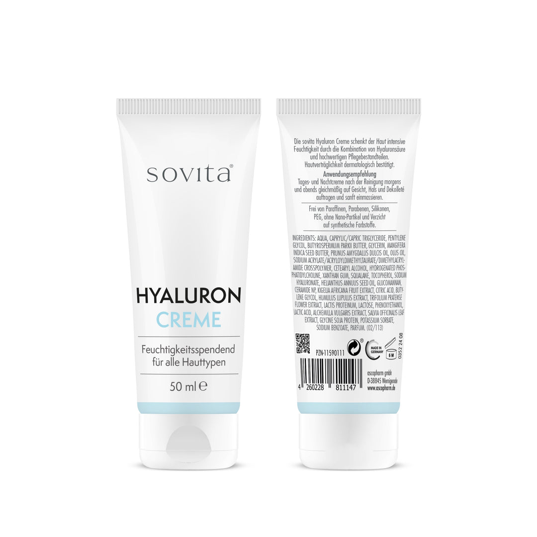 sovita Hyaluron Creme 50 ml – Vorder- und Rückseite der Tube mit Produktinformationen und Inhaltsstoffen.