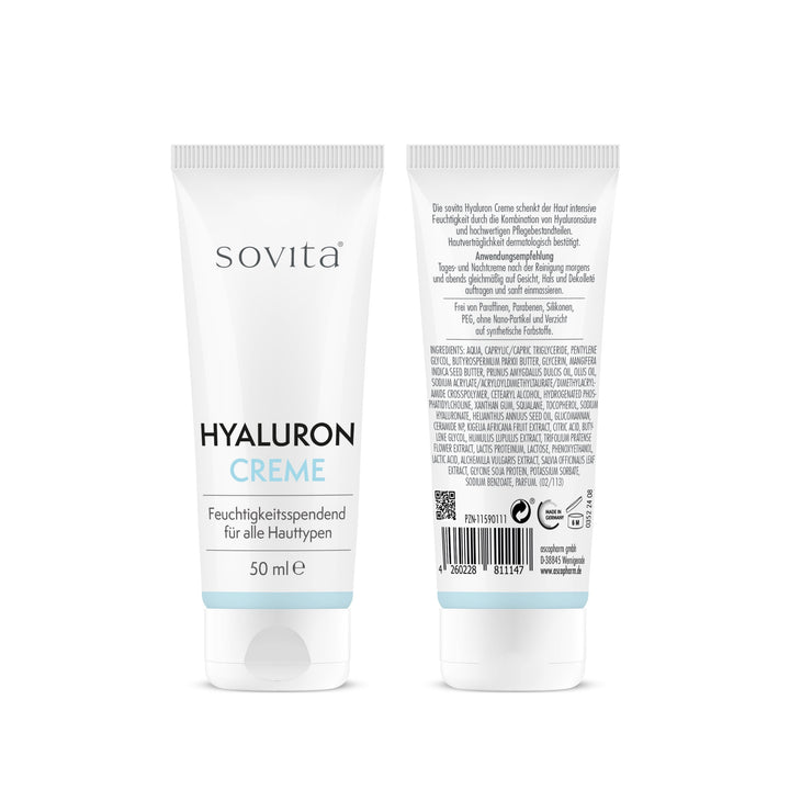 sovita Hyaluron Creme 50 ml – Vorder- und Rückseite der Tube mit Produktinformationen und Inhaltsstoffen.