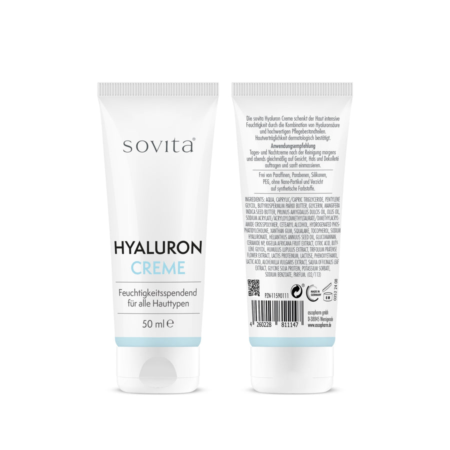 sovita Hyaluron Creme 50 ml – Vorder- und Rückseite der Tube mit Produktinformationen und Inhaltsstoffen.