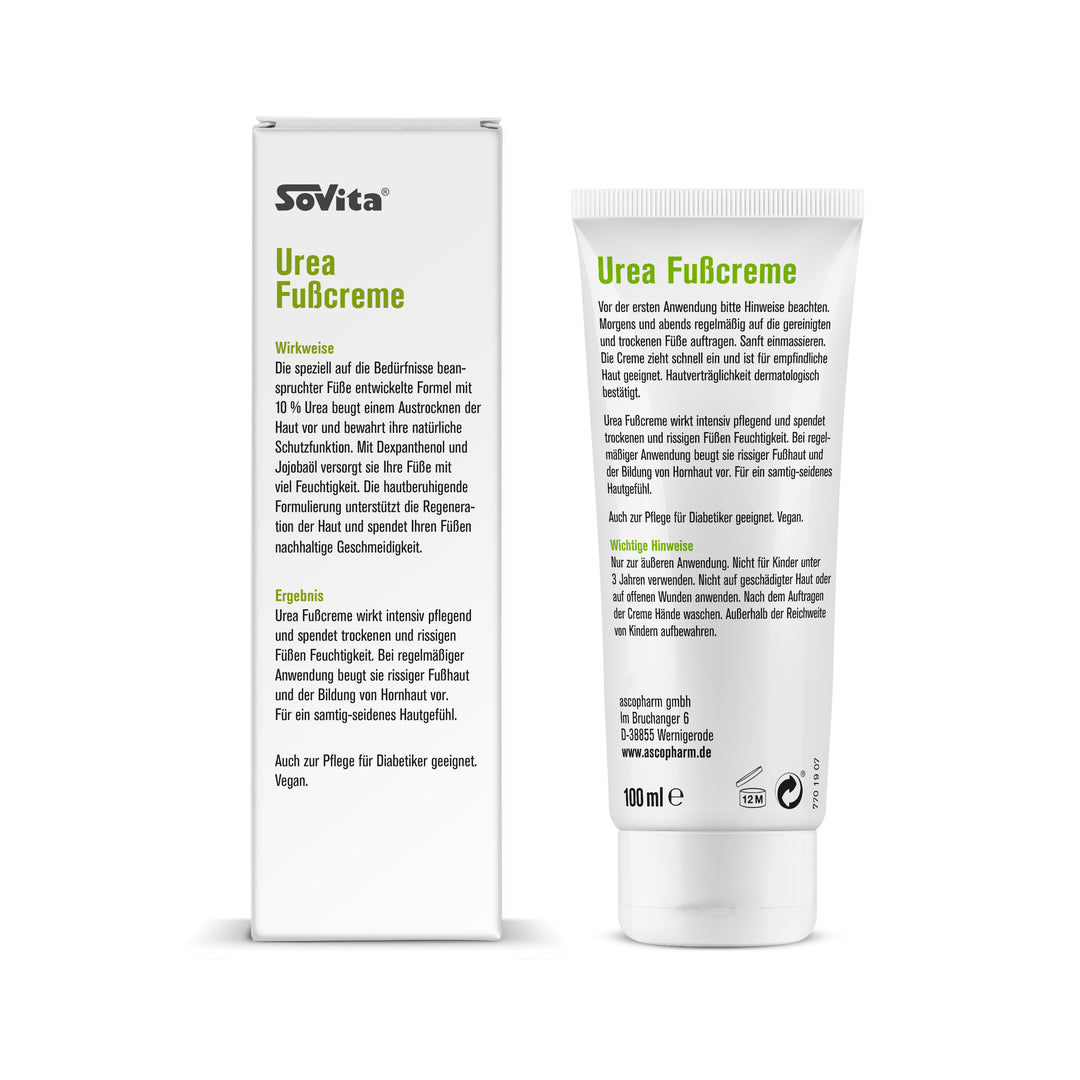 sovita Urea Fußcreme mit Fokus auf Wirkweise und Ergebnis auf der Faltschachtel, Tube mit Anwendungstext