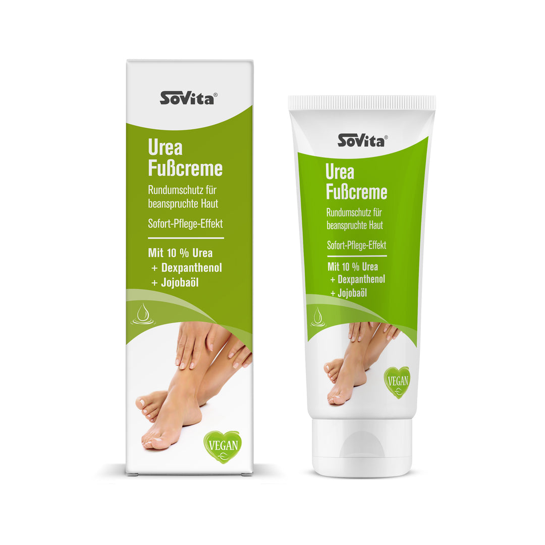 Produktabbildung der sovita Urea Fußcreme mit Tube und Faltschachtel nebeneinander