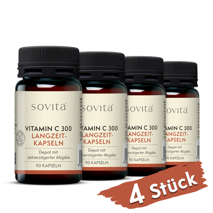Vier Dosen sovita Vitamin C 300 Langzeit-Kapseln nebeneinander mit rotem Hinweis „4 Stück“ unten rechts