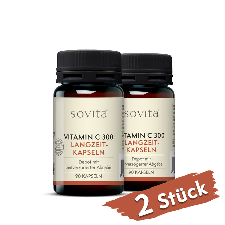 Zwei Dosen sovita Vitamin C 300 Langzeit-Kapseln nebeneinander mit rotem Hinweis „2 Stück“ unten rechts