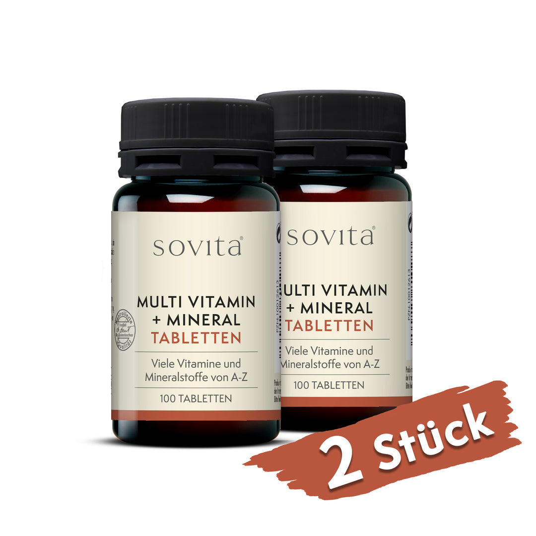 Zwei Dosen sovita Multi Vitamin + Mineral Tabletten auf weißem Hintergrund mit rotem Hinweis „2 Stück“ unten rechts