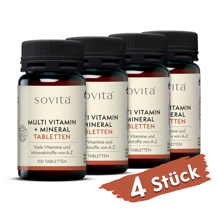 Vier Dosen sovita Multi Vitamin + Mineral Tabletten auf weißem Hintergrund mit rotem Hinweis „4 Stück“ unten rechts
