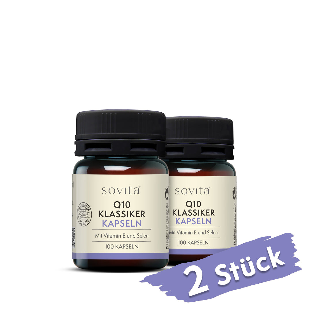 Zwei Dosen sovita Q10 Klassiker Kapseln nebeneinander mit rotem Hinweis „2 Stück“ unten rechts