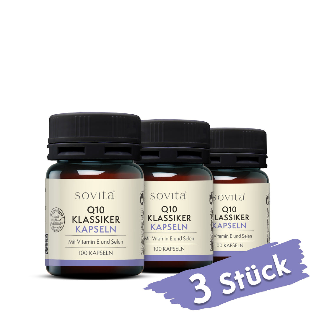 Drei Dosen sovita Q10 Klassiker Kapseln nebeneinander mit rotem Hinweis „3 Stück“ unten rechts