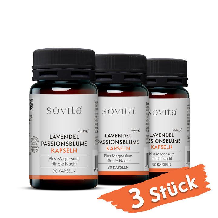 Drei Dosen sovita Lavendel Passionsblume Kapseln mit Hinweis „3 Stück“
