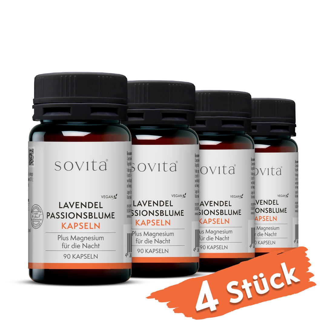 Vier Dosen sovita Lavendel Passionsblume Kapseln mit Hinweis „4 Stück“
