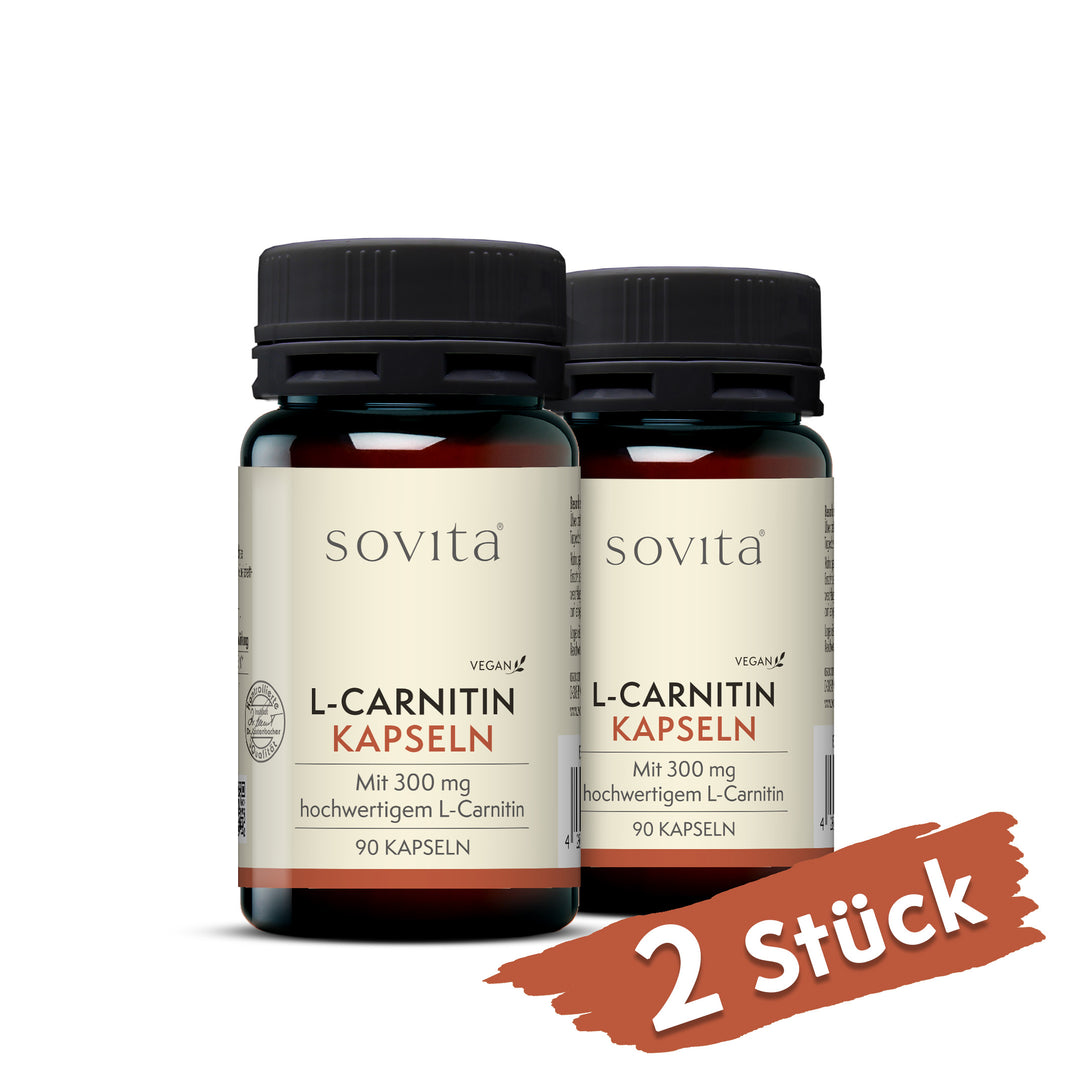 Zwei Dosen Sovita L-Carnitin Kapseln aus Kunststoff nebeneinander mit dem Hinweis „2 Stück“.