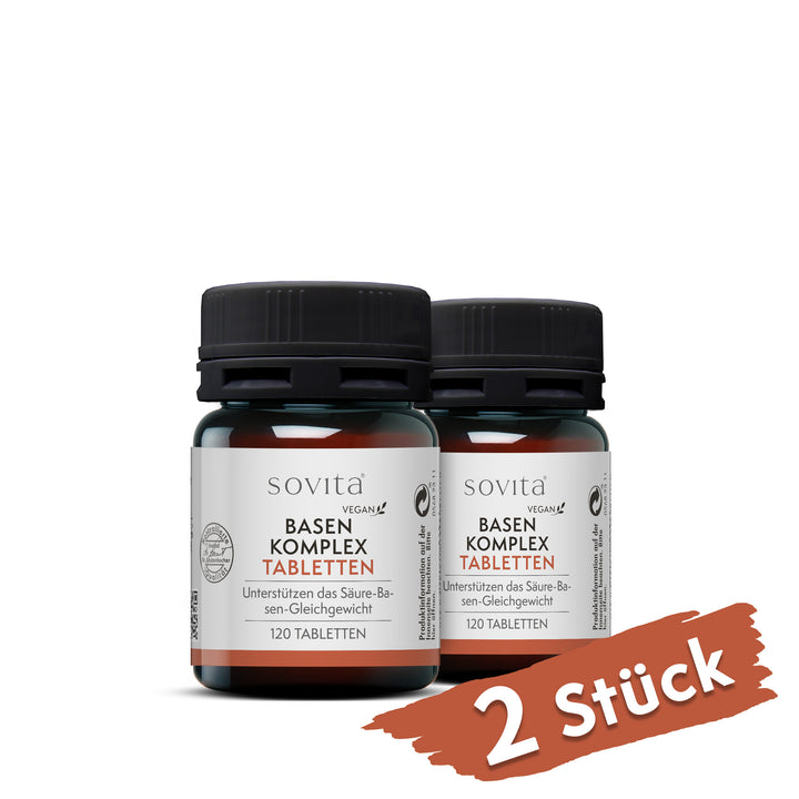Zwei Dosen Sovita Basen Komplex Tabletten aus Kunststoff nebeneinander mit dem Hinweis „2 Stück“.