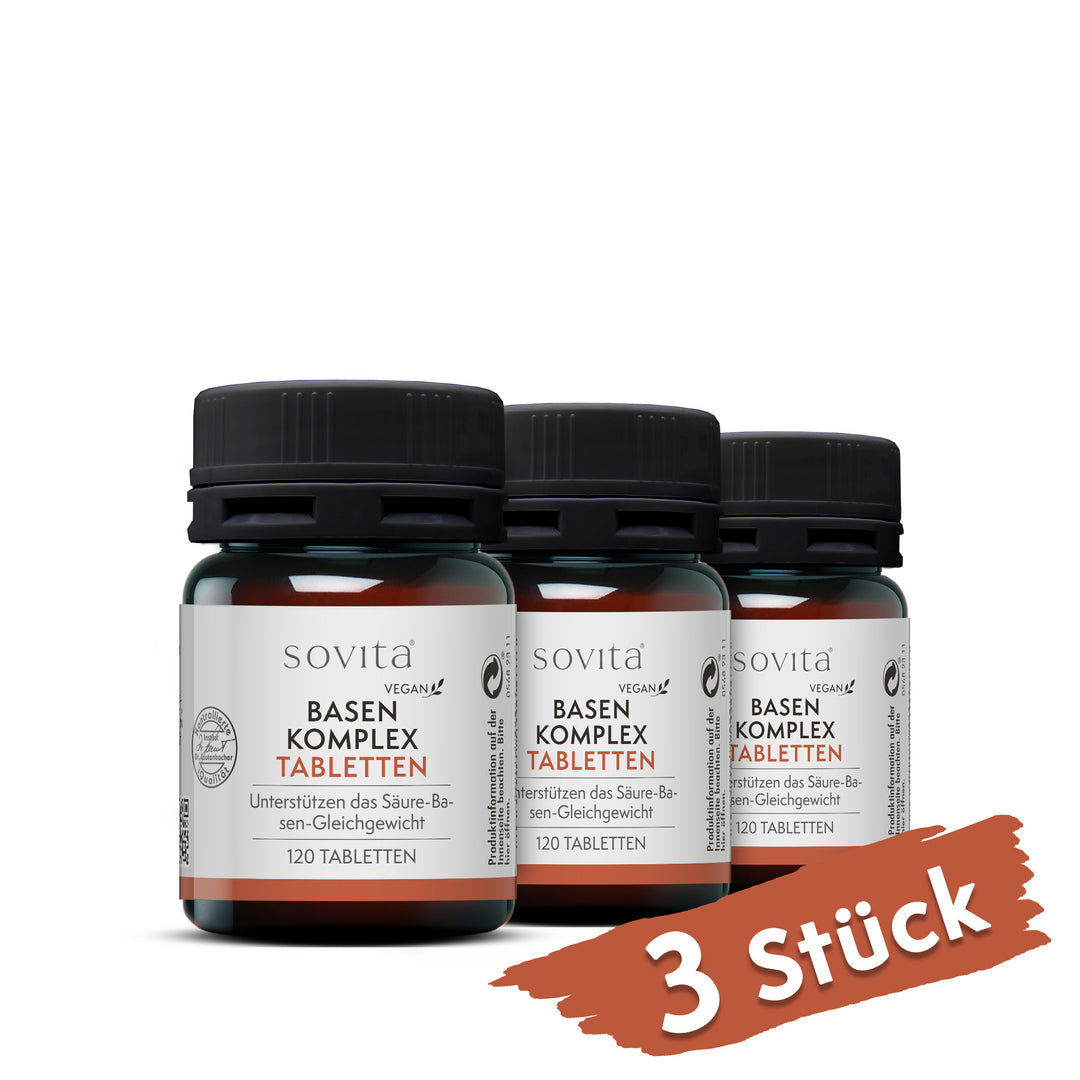 Drei Dosen Sovita Basen Komplex Tabletten aus Kunststoff nebeneinander mit dem Hinweis „3 Stück“.