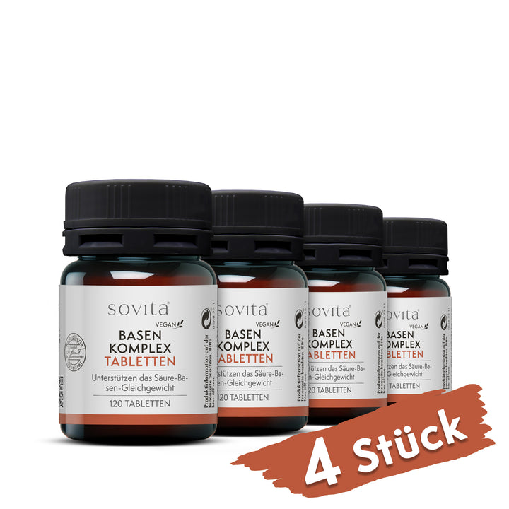 Vier Dosen Sovita Basen Komplex Tabletten aus Kunststoff nebeneinander mit dem Hinweis „4 Stück“.