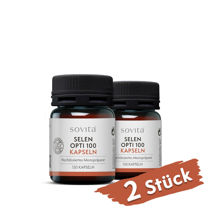 Zwei Dosen sovita Selen Opti 100 Kapseln auf weißem Hintergrund mit rotem Hinweis „2 Stück“ unten rechts