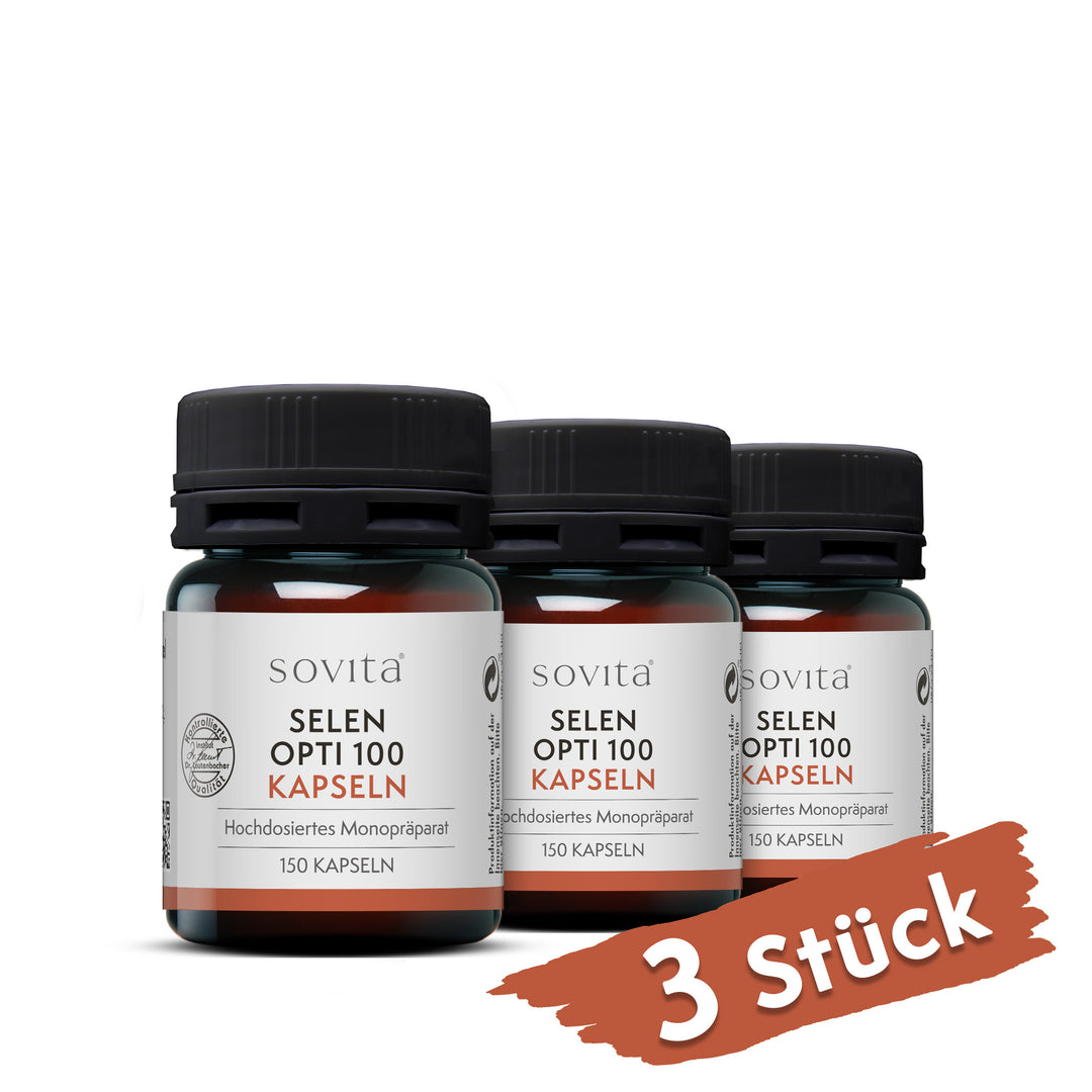 Drei Dosen sovita Selen Opti 100 Kapseln auf weißem Hintergrund mit rotem Hinweis „3 Stück“ unten rechts