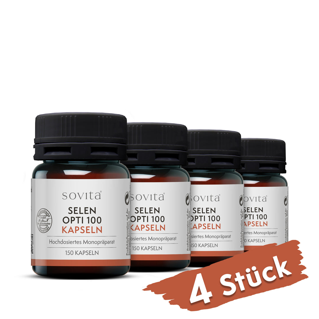 Vier Dosen sovita Selen Opti 100 Kapseln auf weißem Hintergrund mit rotem Hinweis „4 Stück“ unten rechts