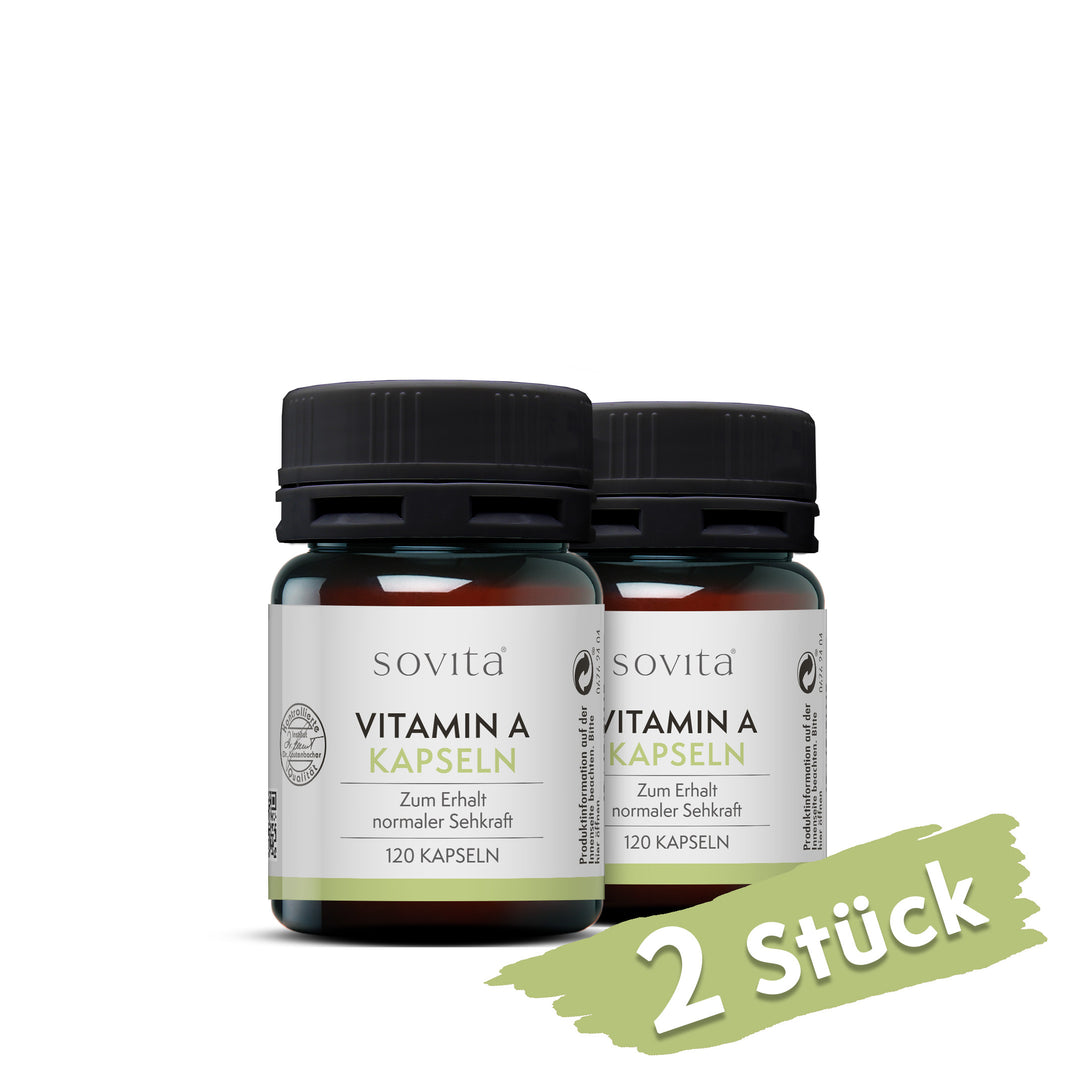 Zwei Dosen sovita Vitamin A Kapseln mit Hinweis „2 Stück“