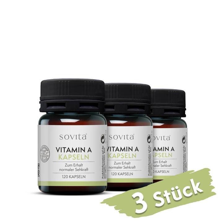 Drei Dosen sovita Vitamin A Kapseln mit Hinweis „3 Stück“