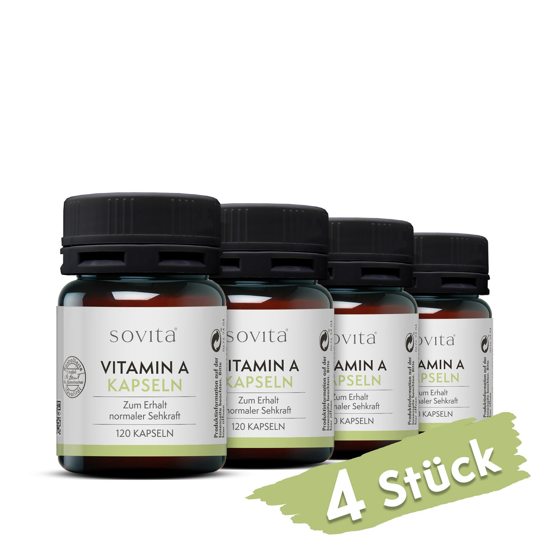 Vier Dosen sovita Vitamin A Kapseln mit Hinweis „4 Stück“