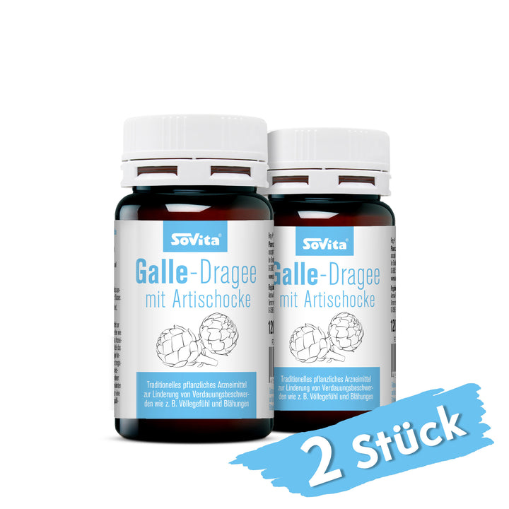 Zwei Dosen sovita Galle-Dragee mit Artischocke nebeneinander mit dem Hinweis „2 Stück“.