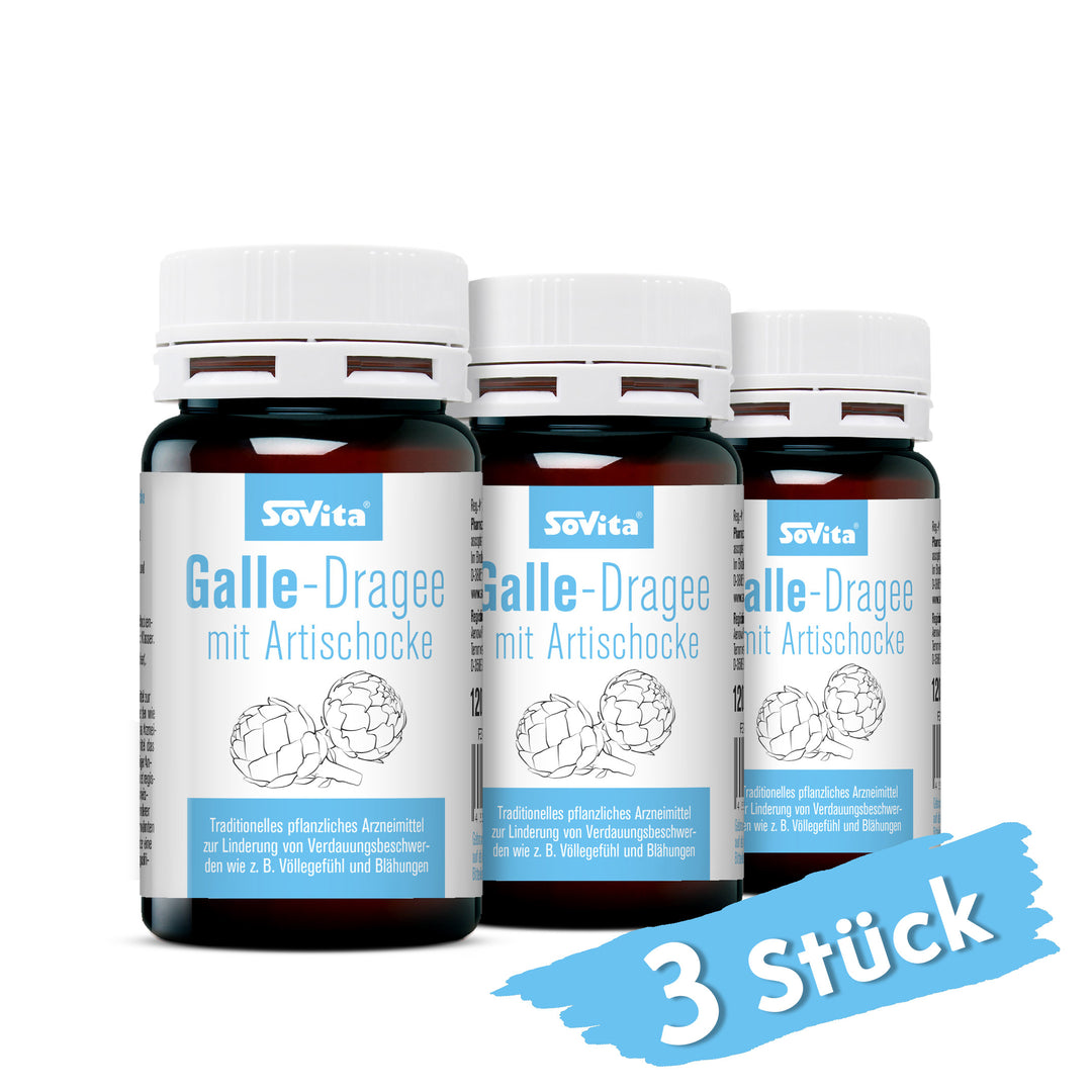 Drei Dosen sovita Galle-Dragee mit Artischocke nebeneinander mit dem Hinweis „3 Stück“.