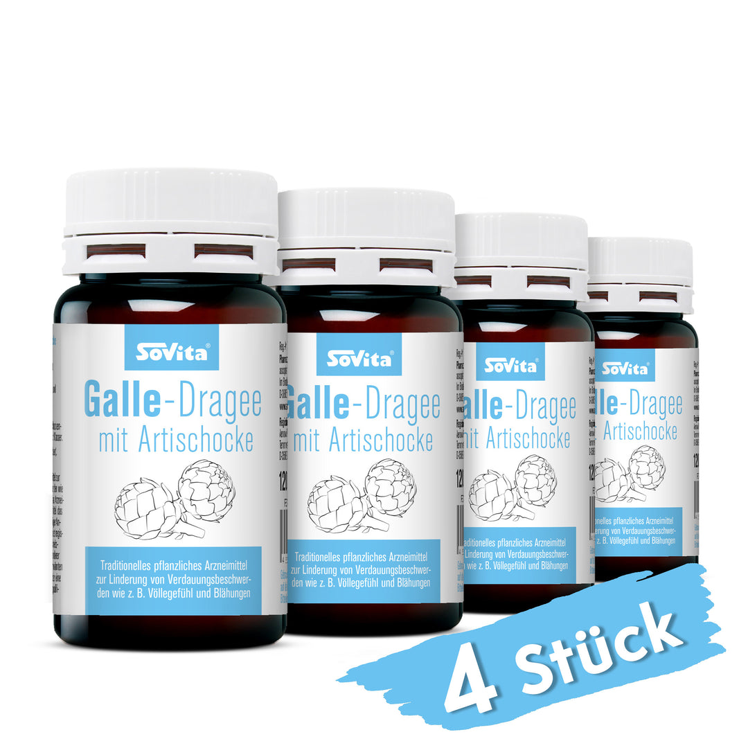 Vier Dosen sovita Galle-Dragee mit Artischocke nebeneinander mit dem Hinweis „4 Stück“.