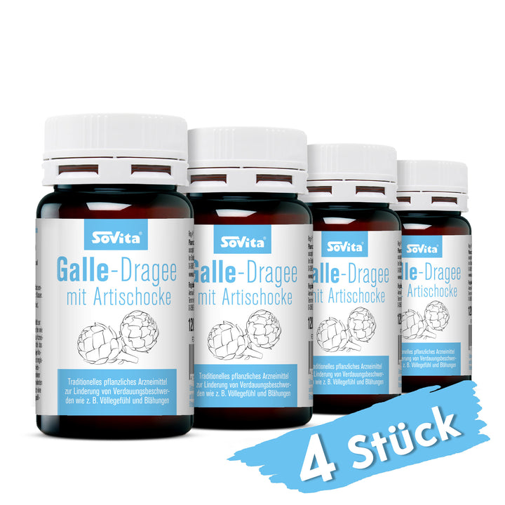 Vier Dosen sovita Galle-Dragee mit Artischocke nebeneinander mit dem Hinweis „4 Stück“.