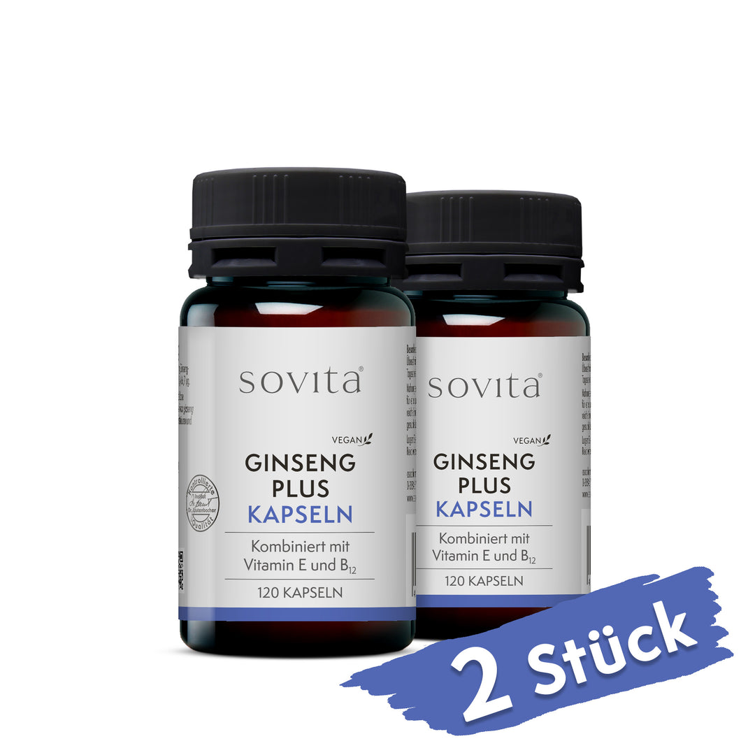 Zwei Dosen sovita Ginseng plus Kapseln nebeneinander auf weißem Hintergrund mit dem Hinweis „2 Stück“
