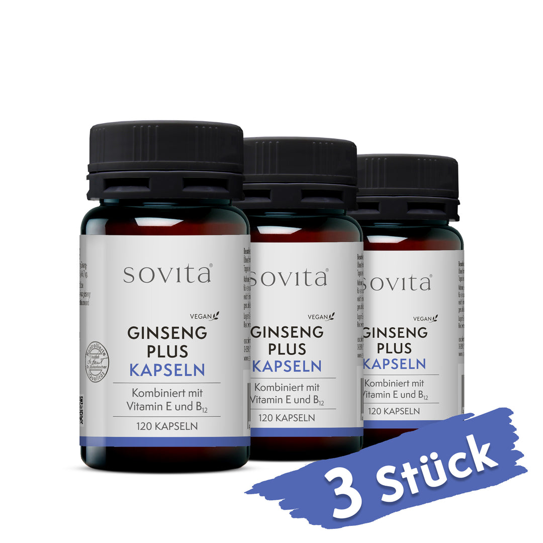 Drei Dosen sovita Ginseng plus Kapseln nebeneinander auf weißem Hintergrund mit dem Hinweis „3 Stück“