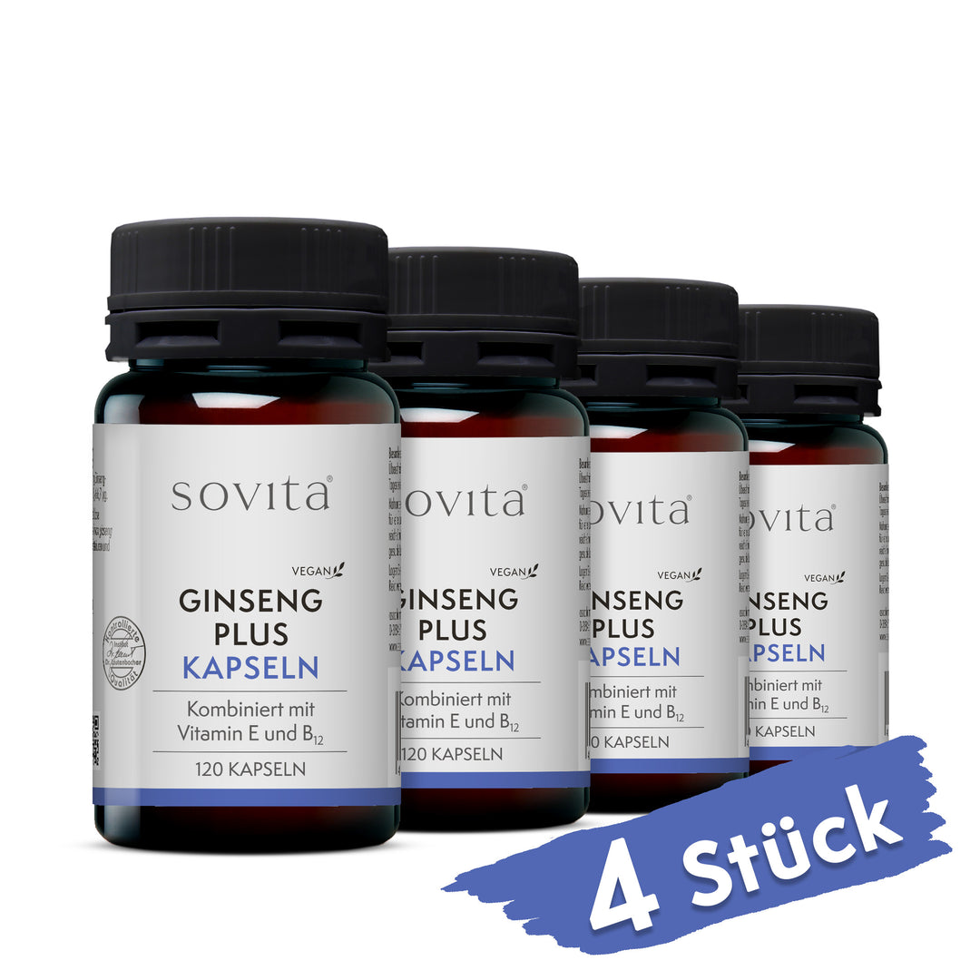 Vier Dosen sovita Ginseng plus Kapseln nebeneinander auf weißem Hintergrund mit dem Hinweis „4 Stück“