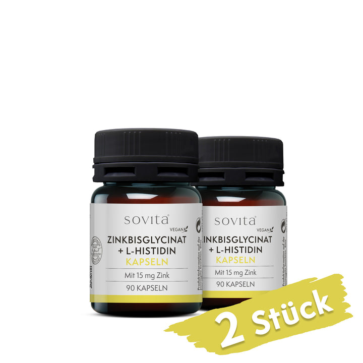 Zwei Dosen Sovita Zinkbisglycinat + L-Histidin Kapseln aus Kunststoff nebeneinander mit dem Hinweis „2 Stück“.