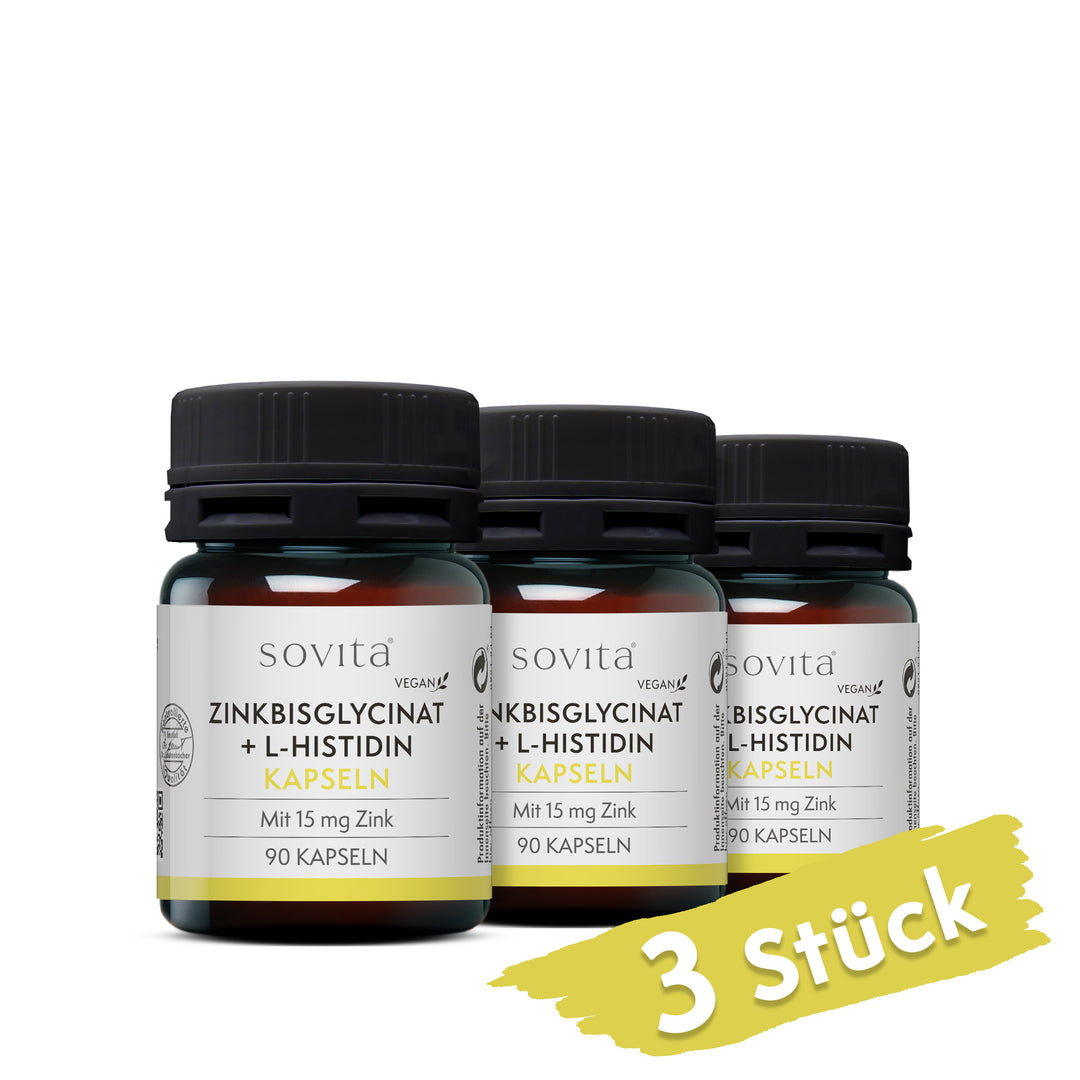 Drei Dosen Sovita Zinkbisglycinat + L-Histidin Kapseln aus Kunststoff nebeneinander mit dem Hinweis „3 Stück“.