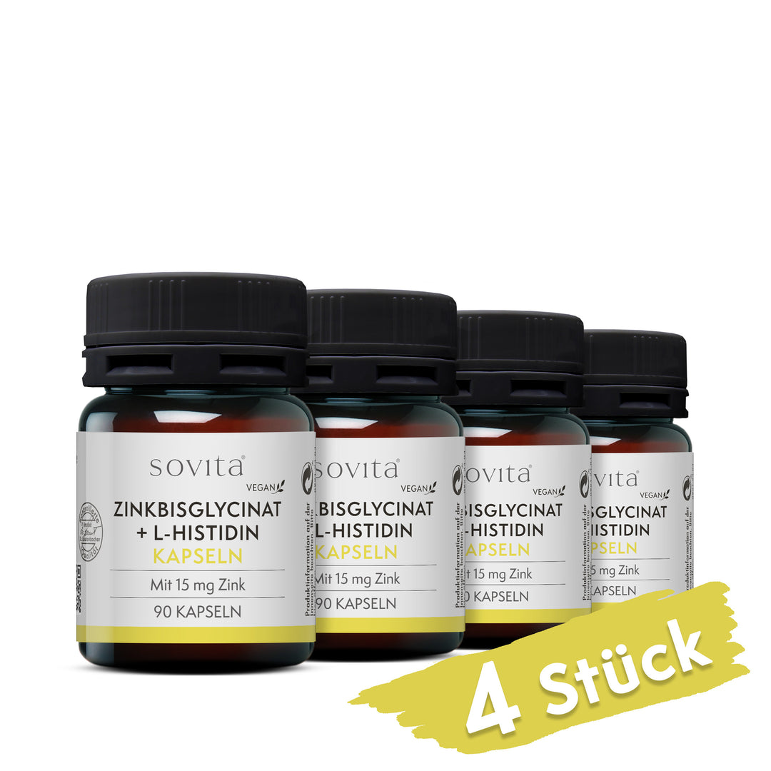 Vier Dosen Sovita Zinkbisglycinat + L-Histidin Kapseln aus Kunststoff nebeneinander mit dem Hinweis „4 Stück“.